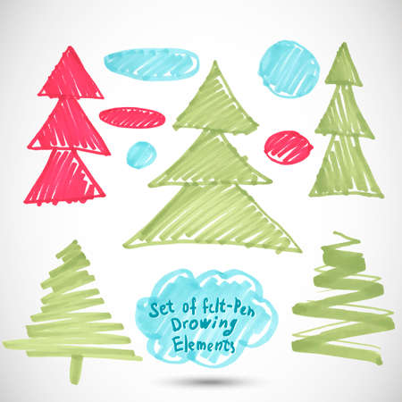 Christmas tree. Doodle set felt pen treeのイラスト素材