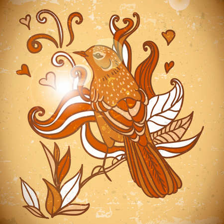 Background with swirls, leaves and birdのイラスト素材