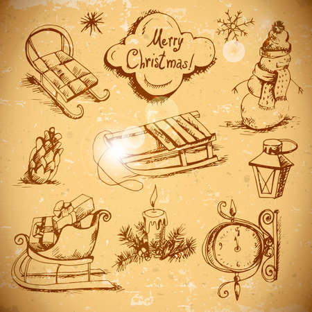 Hand-drawn New Year and Christmas set in vintage styleのイラスト素材