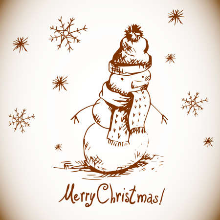 Hand-drawn vintage greeting card with snowmanのイラスト素材