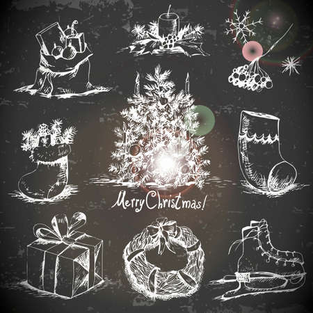 Hand-drawn New Year and Christmas set in vintage styleのイラスト素材