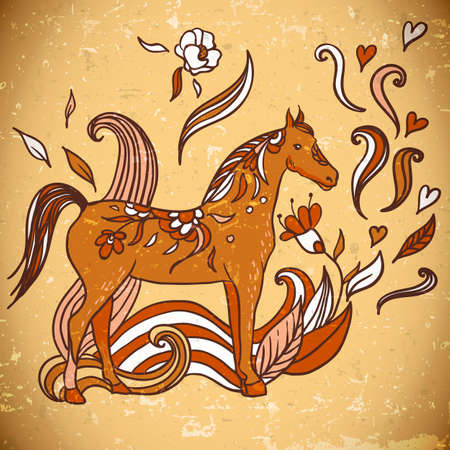 Horse with flowers and ornaments, vector illustrationのイラスト素材