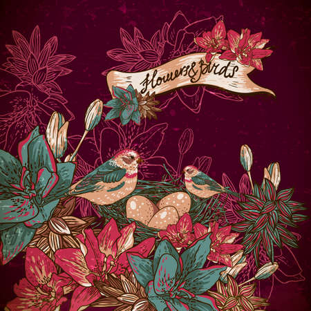 Vintage floral with birdsのイラスト素材