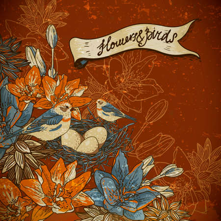 Vintage floral with birdsのイラスト素材