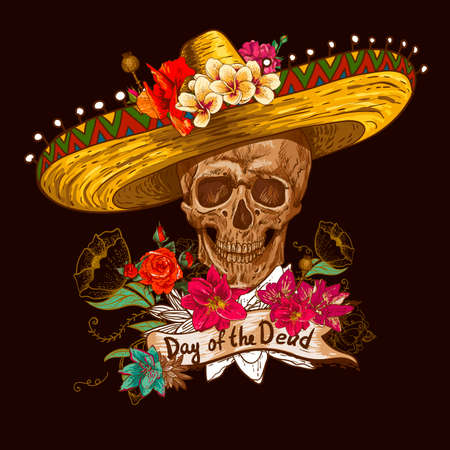 Skull in sombrero with flowers Day of The Deadのイラスト素材