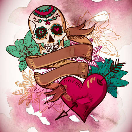 Skull, Hearts and Flowers Vector Illustrationのイラスト素材