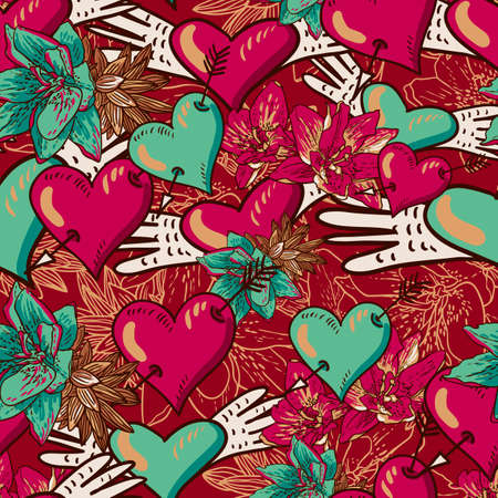 Hearts and Flowers Seamless Backgroundのイラスト素材