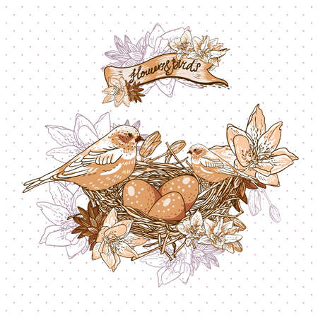 Vintage floral background with birds and nestのイラスト素材