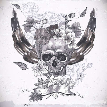 Abstract Background with Skull, Wings and Flowersのイラスト素材