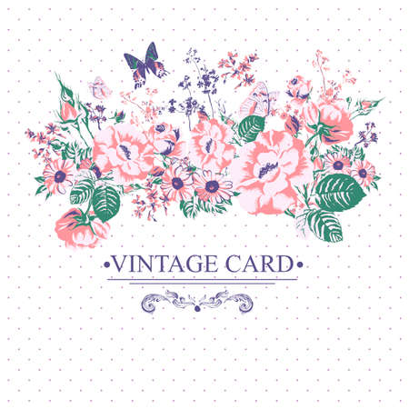 Vintage Floral Card with Butterflies. Vector Design element.のイラスト素材