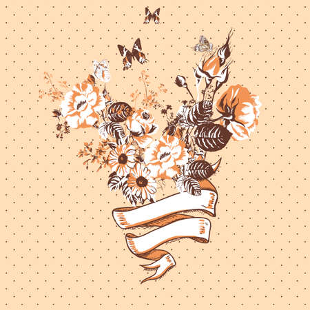 Vintage Floral Card with Ribbon Vector Design element.のイラスト素材