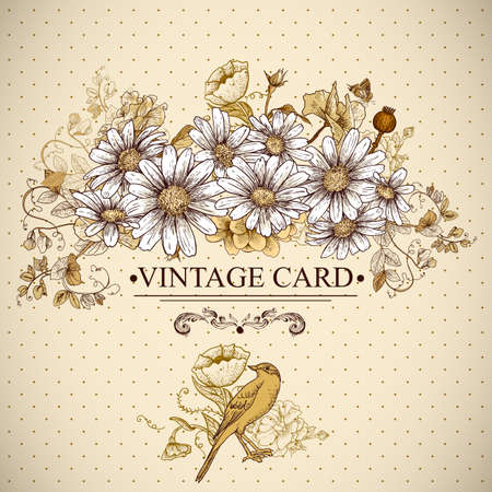 Vintage Floral Card with Birds and Daisiesのイラスト素材