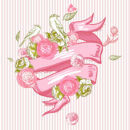 Invitation Card Design with Flowers, Birds and Ribbonのイラスト素材