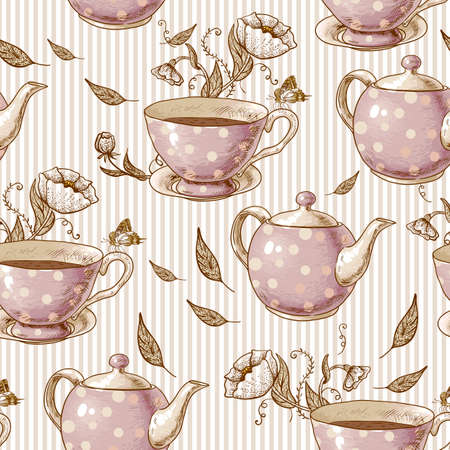Seamless background with cups of tea, pots and flowers in vintage style.のイラスト素材