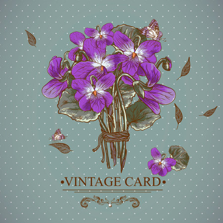 Vintage Floral Card with Violets and Butterflies Vector Design element.のイラスト素材