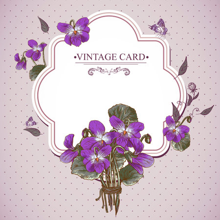Vintage Floral Card with Violets and Butterflies Vector Design element.のイラスト素材