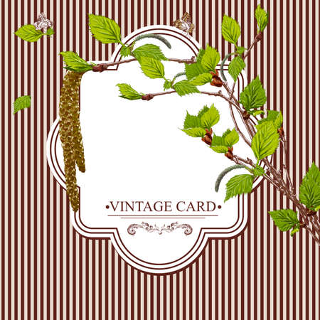 Vintage Card with Birch Twigs Vector Design element. Nature Backgoundのイラスト素材