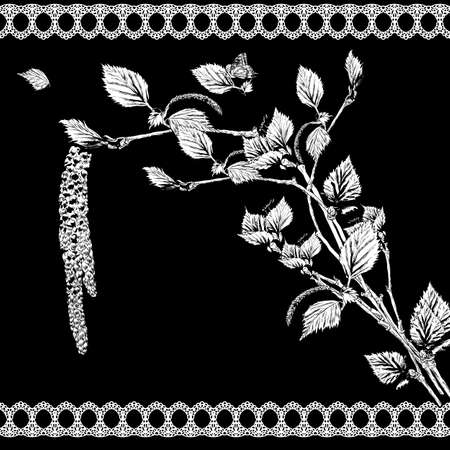 Vintage Monochrome Background with Birch Twigs  Vector Design element.のイラスト素材
