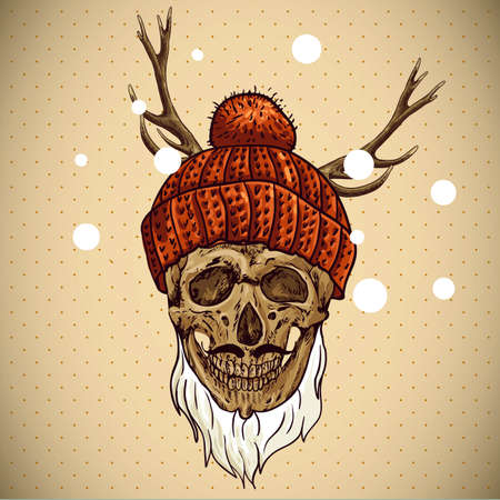 Vintage Card with Christmas Hipster Skull. Winter vector illustrationのイラスト素材