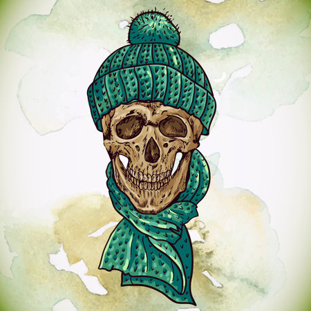 Vintage Card with Christmas Hipster Skull. Winter vector illustrationのイラスト素材