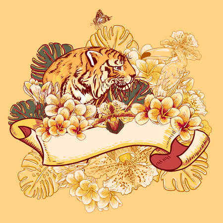 Summer Tropical Exotic Floral Card with Toucan, Tiger and Ribbonのイラスト素材