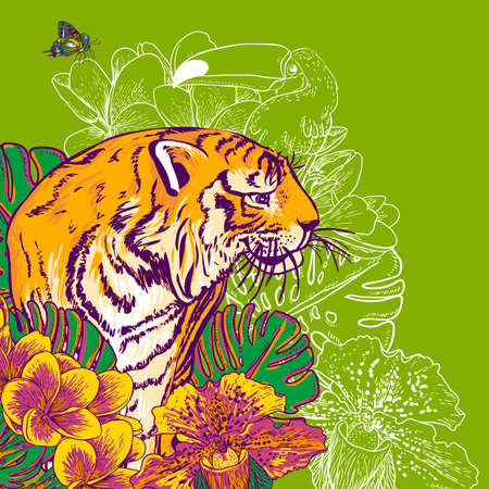 Summer Tropical Exotic Floral Background with Tigerのイラスト素材