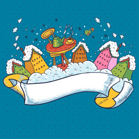 Cute Christmas Background with Ribbon, Houses and Tea Party. Invitation Card, Vector illustrationのイラスト素材