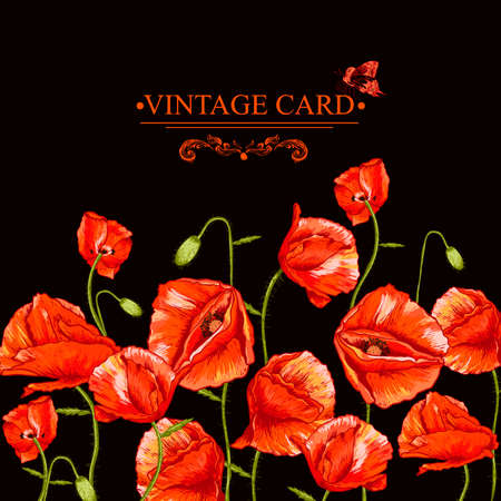 Bunch of Beautiful Red Poppy vector illustration Vintage Invitation Floral Card Design with Poppy.のイラスト素材