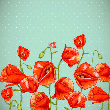 Bunch of Beautiful Red Poppy vector illustration Vintage Invitation Floral Card Design with Poppy.のイラスト素材