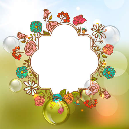 Flower Invitation Card, Floral Frame with Ribbon Design element. Summer floral background with Lightsのイラスト素材