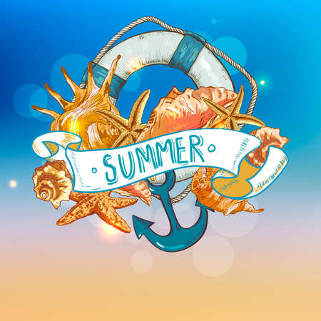 Summer Card with Sea Shells, Anchor, Lifeline on Sunny Backgroundのイラスト素材