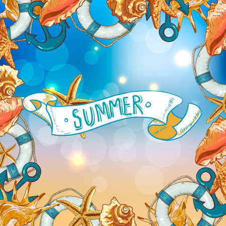 Summer Card with Sea Shells, Anchor, Lifeline on Sunny Backgroundのイラスト素材