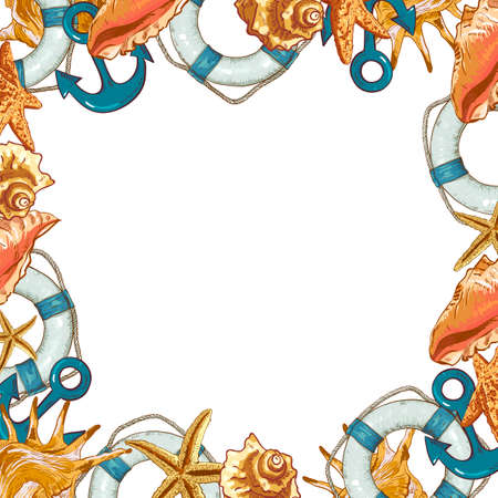 Summer Card with Sea Shells, Anchor, Lifeline on Sunny Backgroundのイラスト素材