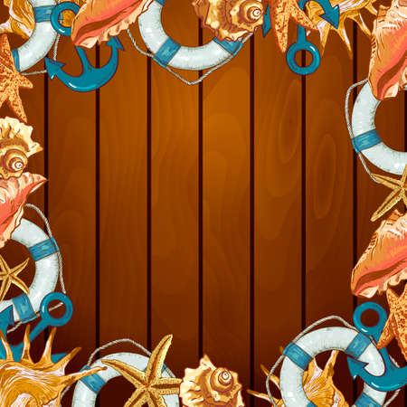 Summer Card with Sea Shells, Anchor, Lifeline on Wood Backgroundのイラスト素材