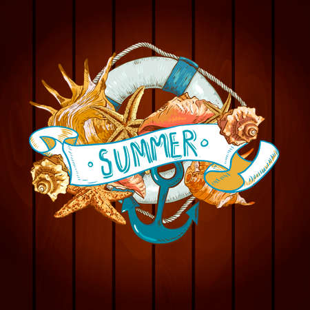 Summer Card with Sea Shells, Anchor, Lifeline on Wood Backgroundのイラスト素材