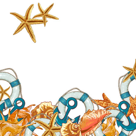 Summer Card with Sea Shells, Anchor, Lifelineのイラスト素材