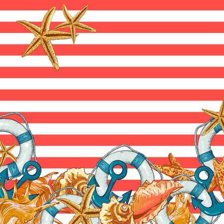 Summer Card with Sea Shells, Anchor, Lifelineのイラスト素材