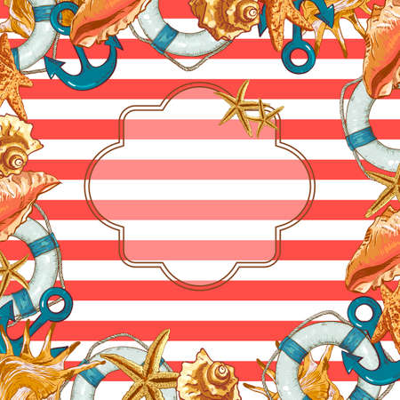 Summer Card with Sea Shells, Anchor, Lifelineのイラスト素材