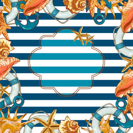 Summer Card with Sea Shells, Anchor, Lifelineのイラスト素材