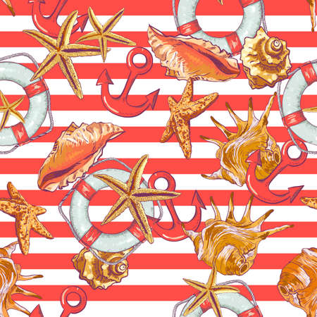 Summer Seamless Pattern with Sea Shells, Anchorのイラスト素材