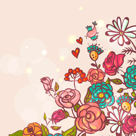 Floral background with roses and birdsのイラスト素材