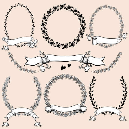 Floral Monochrome Design Laurels, Wreaths, Frameのイラスト素材
