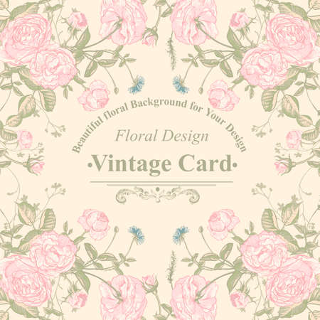 Vector floral greeting card with blossom rosesのイラスト素材