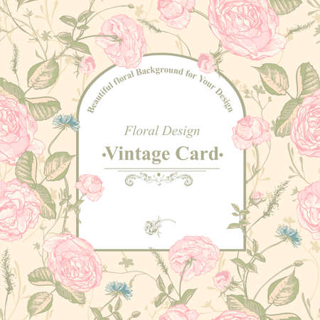 Vector floral greeting card with blossom rosesのイラスト素材