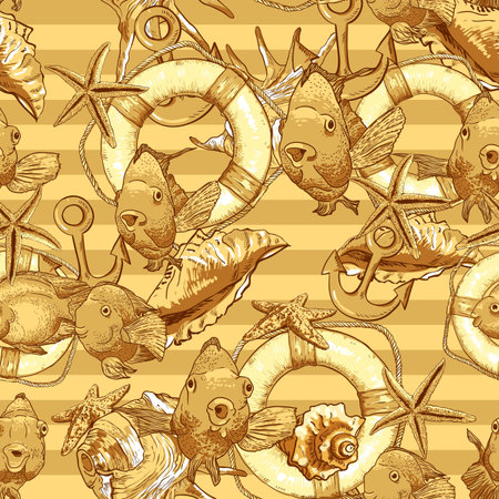 Seamless background with Sea Shells and fishのイラスト素材