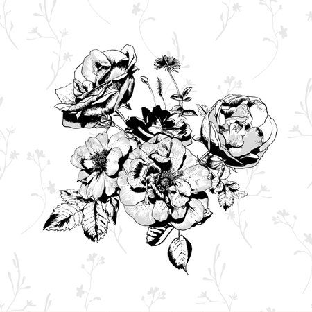 Black and White floral greeting cardのイラスト素材