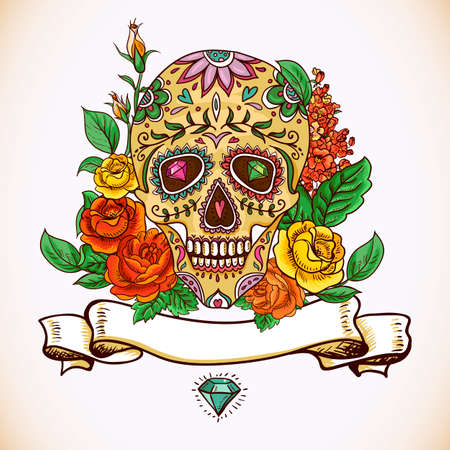 Skull and Flowers Day of The Deadのイラスト素材