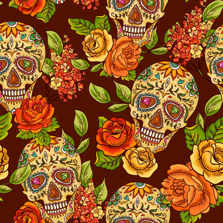 Skull, diamond and Flowers Seamless Backgroundのイラスト素材