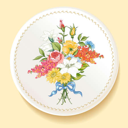 Baroque Bouquet of wildflowers on white plateのイラスト素材