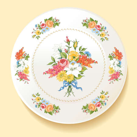 Baroque Bouquet of wildflowers on white plateのイラスト素材